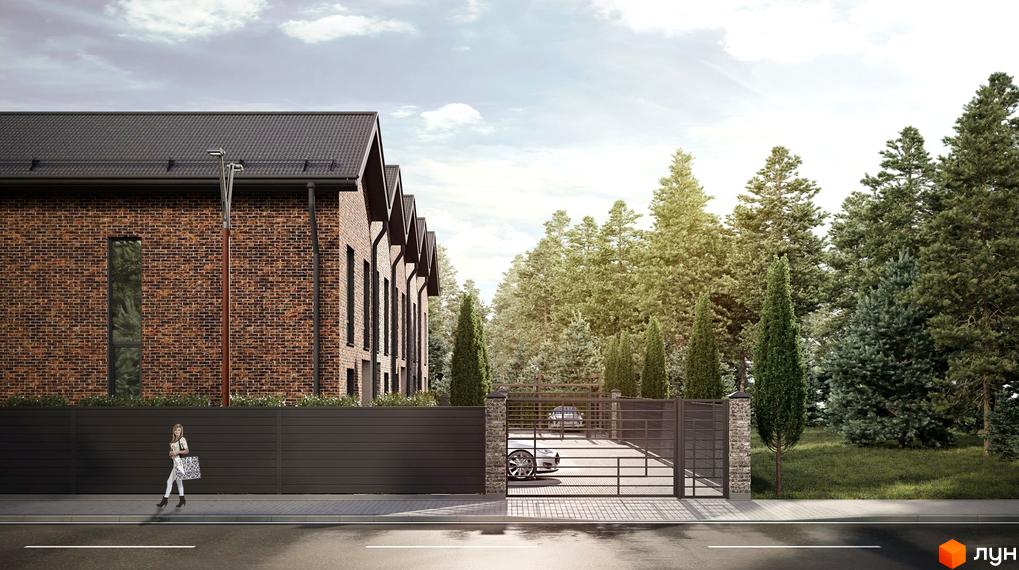 Зовнішній вигляд таунхаусів Nekrasov Townhouse 2 з цегляним фасадом та прибудинковою територією з деревами та воротами.