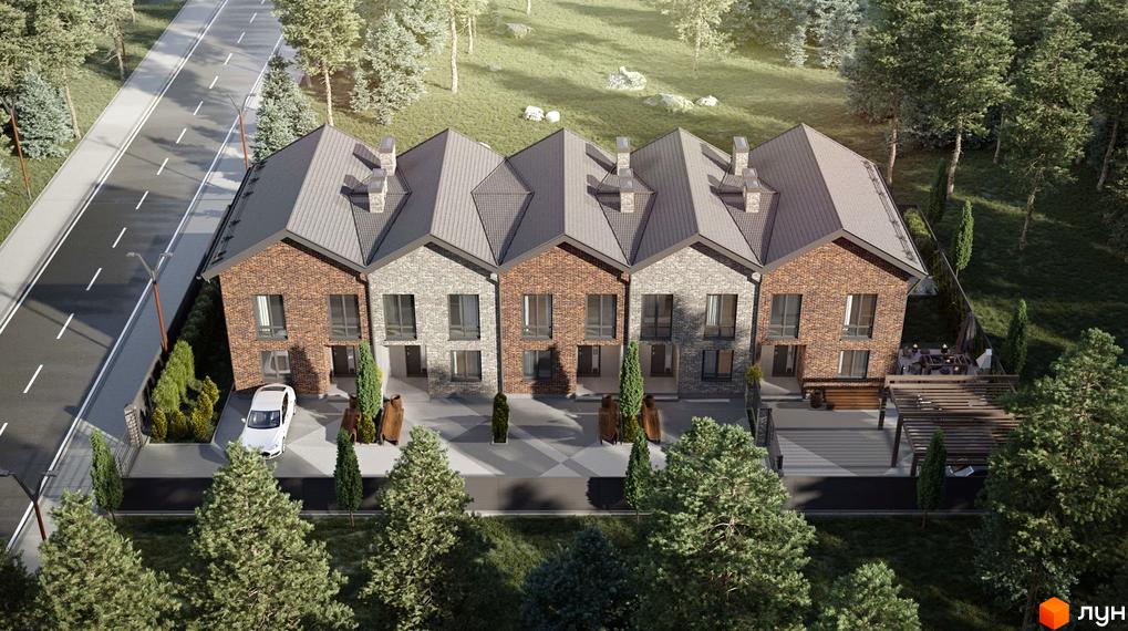 Зовнішній вигляд таунхаусів Nekrasov Townhouse 2 з цегляним фасадом, розташованих біля дороги та оточених деревами. Прибудинкова територія включає парковку та зону відпочинку.