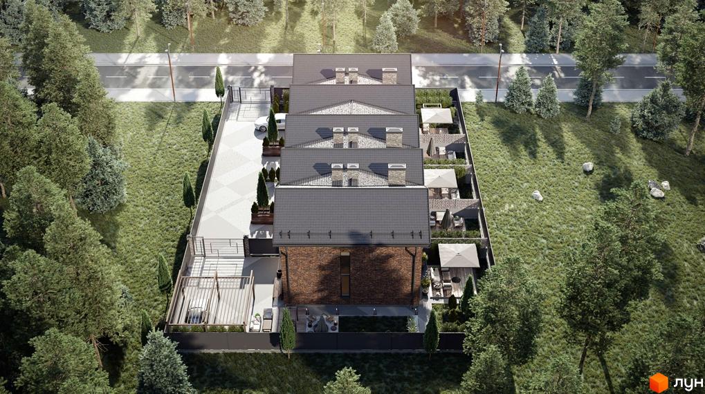 Таунхауси Nekrasov Townhouse 2 з сірими дахами та цегляними фасадами, розташовані на схилі серед дерев, з доглянутою прибудинковою територією та дорогою.