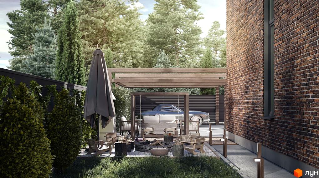 Зовнішній вигляд Nekrasov Townhouse 2 з зоною відпочинку та автомобілем під навісом. Затишна прибудинкова територія з зеленню та цегляною стіною будинку.