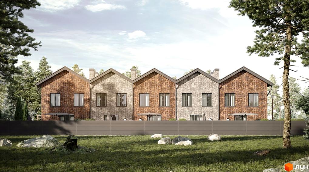 Таунхауси Nekrasov Townhouse 2 з цегляним фасадом та сірою цеглою, розташовані серед дерев. На передньому плані зелена галявина з камінням.