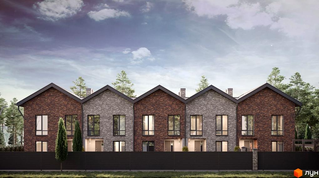 Зовнішній вигляд таунхаусів Nekrasov Townhouse 2 з цегляним фасадом та великими вікнами на тлі дерев. Перед будинками розташована огорожа та зелена зона.