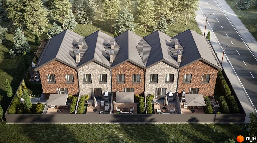 Зовнішній вигляд таунхаусів Nekrasov Townhouse 2 з цегляним та сірим фасадом, чотирма окремими входами, чотирма терасами з парасольками та зонами відпочинку, оточених зеленими насадженнями.