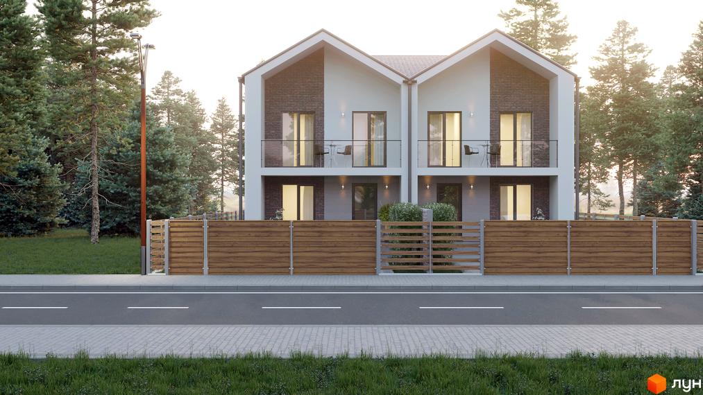 Дуплекс „На Києво-Мироцькій“: двоповерхові будинки з цегляними фасадами, балконами та дерев'яним парканом на тлі лісу.