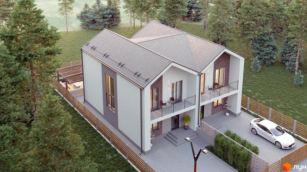 Дуплекс „На Києво-Мироцькій“ – двоповерхові будинки з сірими дахами та білими фасадами, розташовані на доглянутій ділянці з деревами та білим автомобілем.