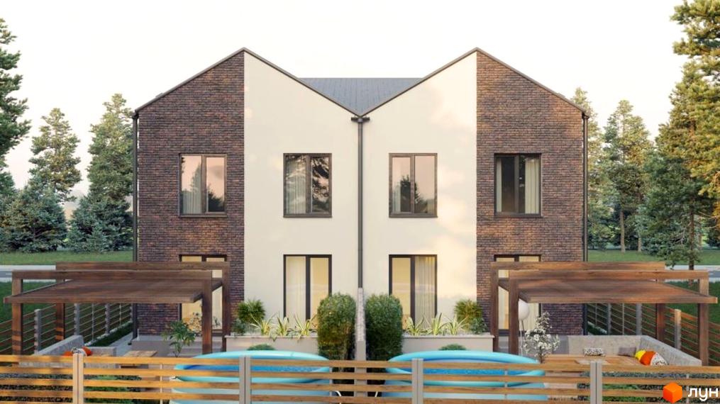 Зовнішній вигляд дуплексу На Києво-Мироцькій з цегляним фасадом та білою частиною, з двома поверхами та вікнами. На прибудинковій території розташовані дерев'яні навіси та басейни.