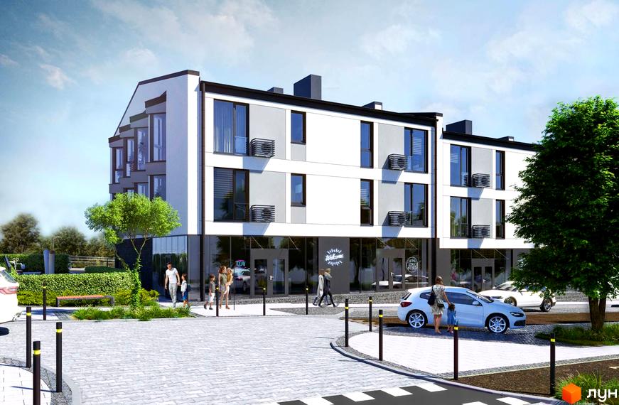 Клубний будинок Craft з фасадами білого та сірого кольорів, великими вікнами та балконами. Територія навколо будинку озеленена, є лавка та доріжки.