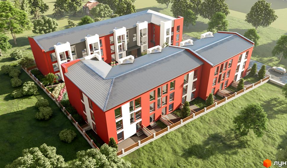 Житловий комплекс Гостомельские Липки-4+ має будівлі з червоними фасадами, білими акцентами та сірими дахами, оточені зеленою територією.