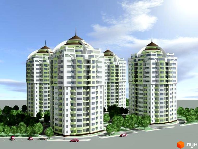 Житловий комплекс Одиссей СМУ-11 з чотирьох висотних будинків та зеленими насадженнями на прибудинковій території.