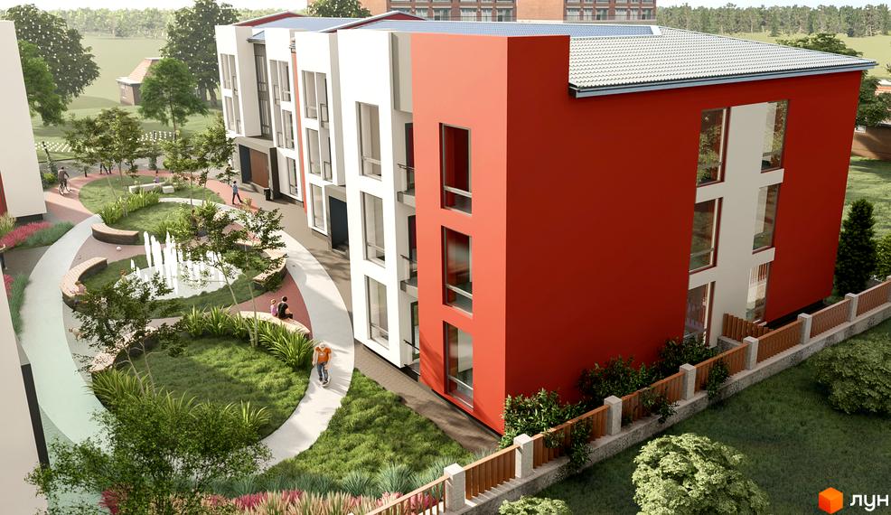 Новобудова ЖК Гостомельские Липки-4+ з червоним та білим фасадом, вікнами, балконами та прибудинковою територією з фонтаном та лавками.