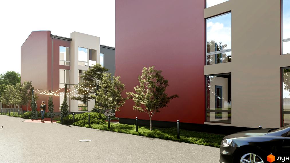 Будинок житлового комплексу Гостомельские Липки-4+ з червоним та бежевим фасадом, вікнами та прибудинковою територією з деревами та гірляндами.