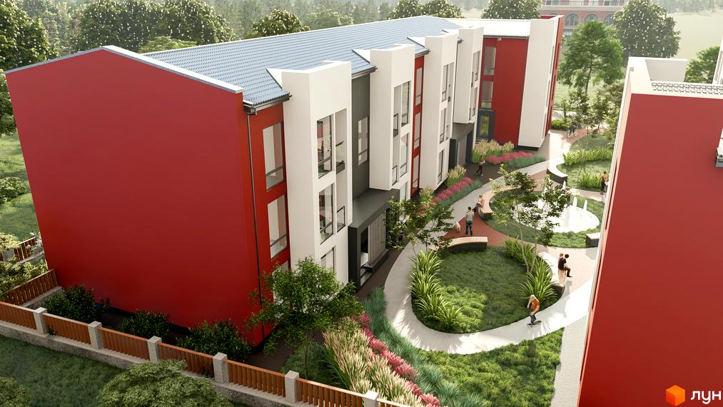 Житловий комплекс Гостомельские Липки-4+ має червоні фасади з білими та темно-сірими вертикальними вставками. Прибудинкова територія облаштована зеленими насадженнями, доріжками та фонтаном.