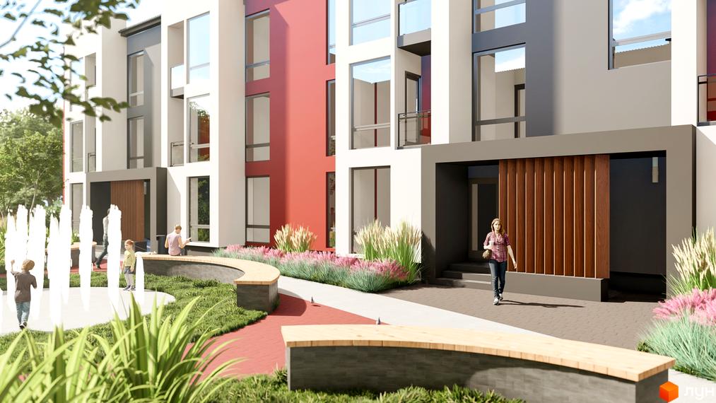 Новобудова ЖК Гостомельские Липки-4+ з фонтанами та зонами відпочинку. Зовнішній вигляд будинку з червоними та сірими фасадами, великими вікнами та дерев'яними елементами.