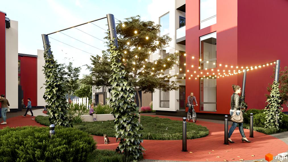 Фасади будівель Житлового комплексу Гостомельские Липки-4+ виконані в червоно-білих кольорах з великими вікнами. На прибудинковій території зелений двір з деревами, доріжками та гірляндами.