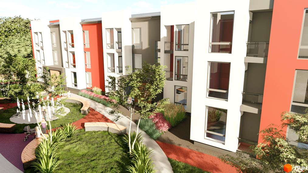 Зовнішній вигляд житлового комплексу Гостомельские Липки-4+ з фасадами білого та червоного кольору, що оточений зеленою прибудинковою територією з лавками та деревами.