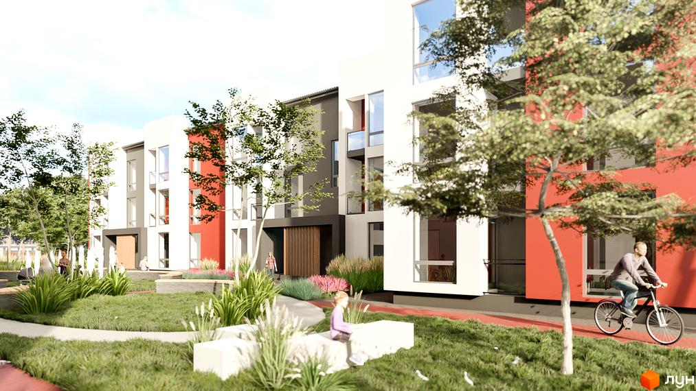 Житловий комплекс Гостомельские Липки-4+ з багатоквартирними будинками білого та червоного кольорів, озелененою прибудинковою територією.