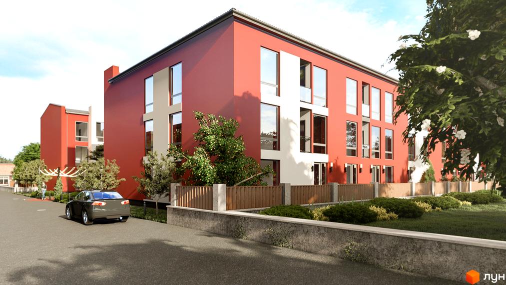 Триповерховий будинок Житлового комплексу Гостомельские Липки-4+ з червоно-білим фасадом та великими вікнами, оточений зеленими насадженнями та доріжкою.