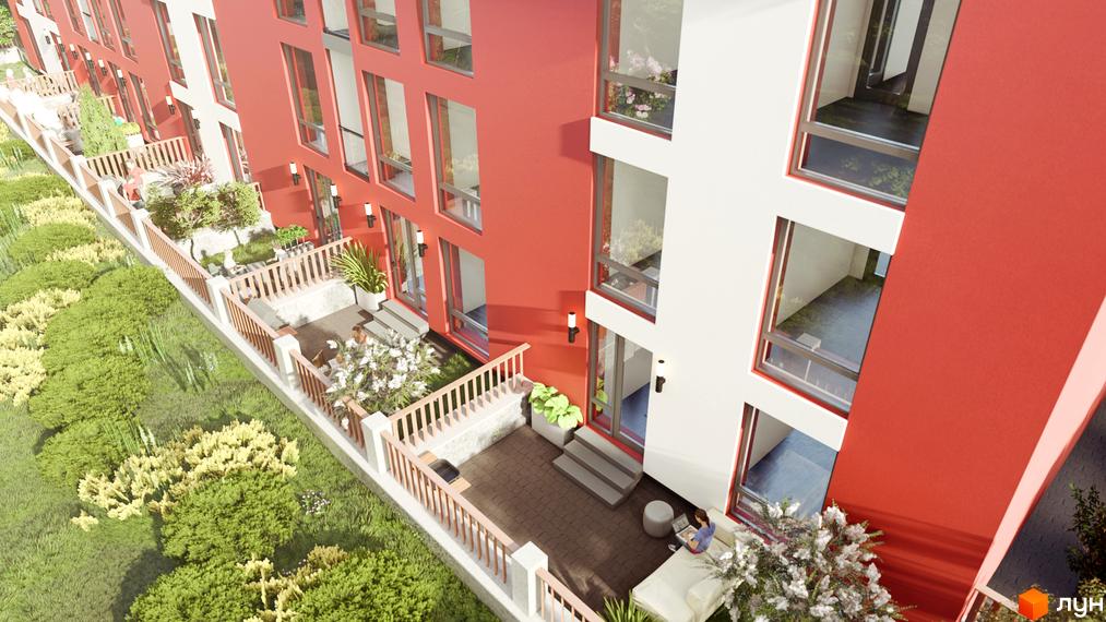 Житловий комплекс Гостомельские Липки-4+ з червоно-білими фасадами та великими вікнами. Прибудинкова територія має зелені насадження та тераси з огорожею.