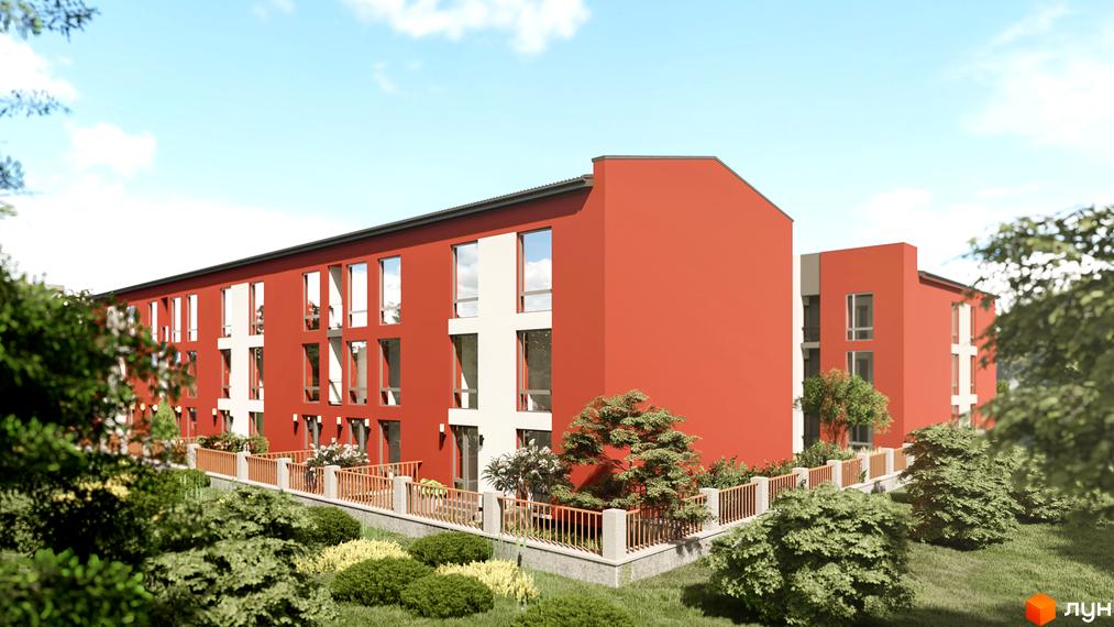 Будівля житлового комплексу Гостомельские Липки-4+ має червоний фасад з білими віконними рамами та великими вікнами. Навколо розташовані зелені насадження та огороджена тераса.