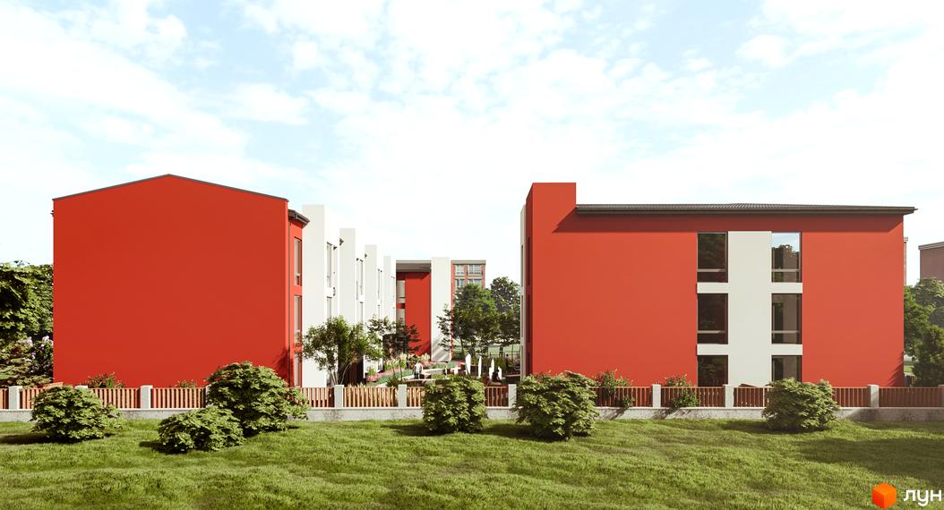 Зовнішній вигляд новобудови ЖК Гостомельские Липки-4+ з червоними фасадами та білими елементами, зелена прибудинкова територія з кущами та парканом.