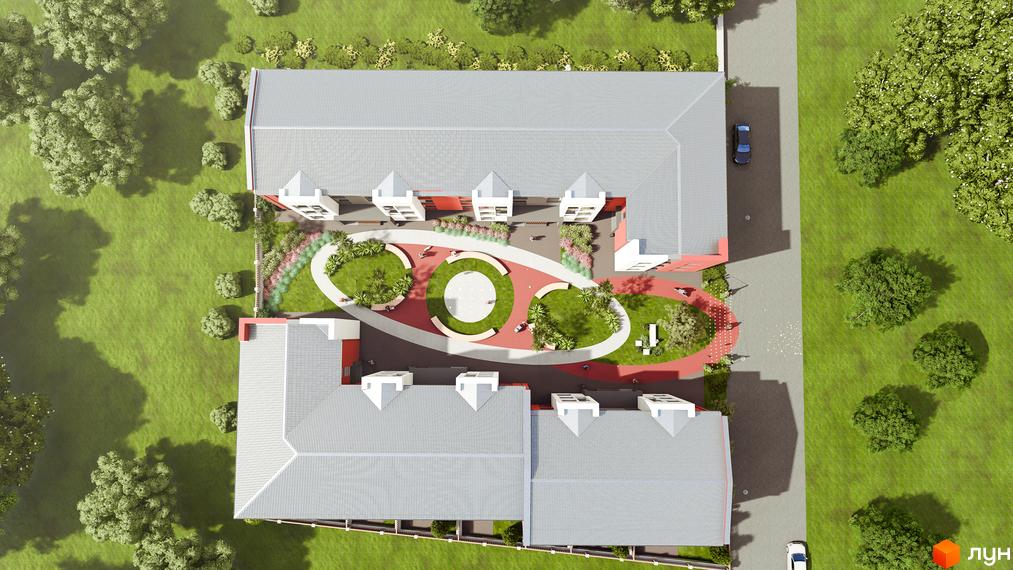 Житловий комплекс Гостомельские Липки-4+ зверху: будинки з сірими дахами та червоними акцентами. У дворі облаштовані зелені зони, лавки та червоні пішохідні доріжки.