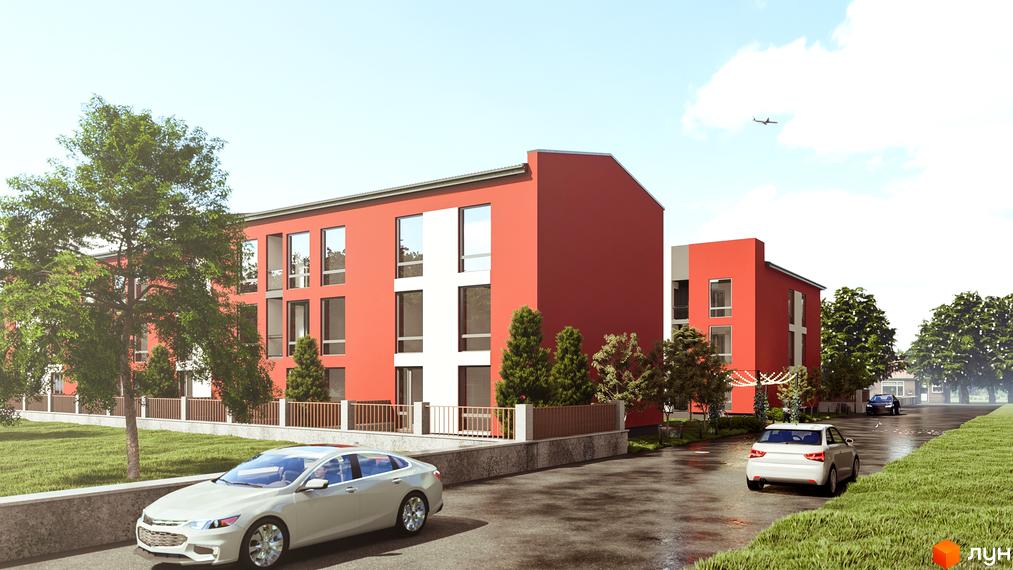 Житловий комплекс Гостомельские Липки-4+ з червоними фасадами та великими вікнами, прибудинкова територія з деревами та дорогою.