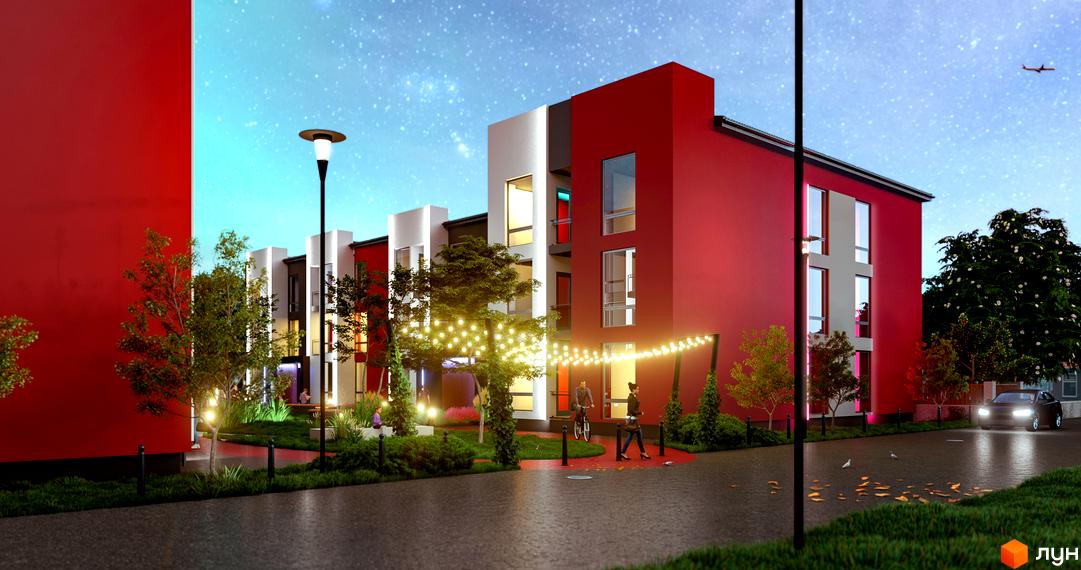 Житловий комплекс Гостомельские Липки-4+ з червоними та білими фасадами, вікнами та прибудинковою територією з деревами та гірляндами.