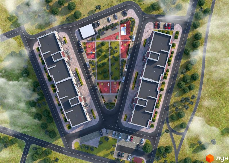 Вид зверху на житловий комплекс Масани Лісовий з сучасними будинками та облаштованою прибудинковою територією з дитячими майданчиками та зеленими зонами.