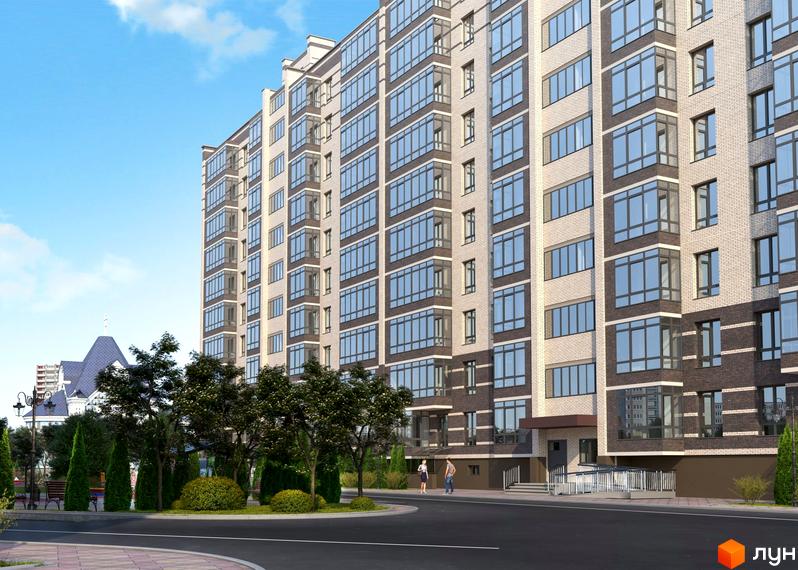 Зовнішній вигляд житлового комплексу Масани Лісовий з цегляним фасадом та великими вікнами, зелена прибудинкова територія з деревами та кущами.