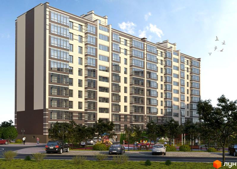 Новобудова ЖК Масани Лісовий з цегляним фасадом та великими вікнами, поруч дитячий майданчик та зелена зона.