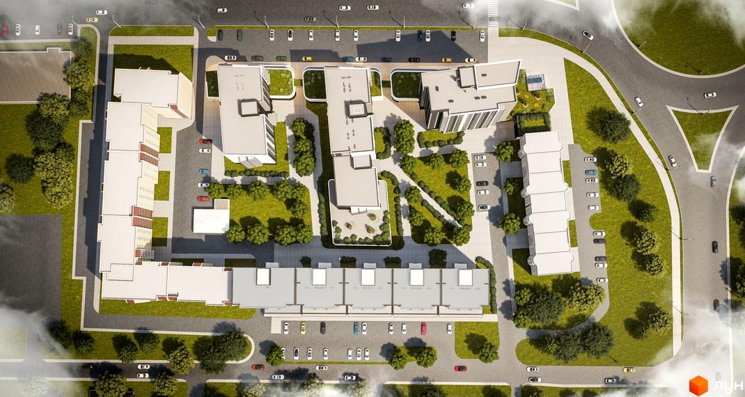 Аерофотознімок житлового комплексу Масани Сіті з висоти пташиного польоту, що демонструє багатоквартирні будинки та зелену прибудинкову територію з доріжками та місцями для паркування.