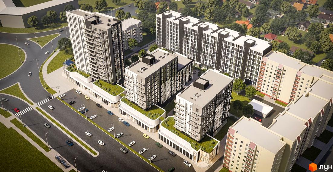 Житловий комплекс Масани Сіті з багатоповерховими будинками та прибудинковою територією з дорогою та автомобілями.