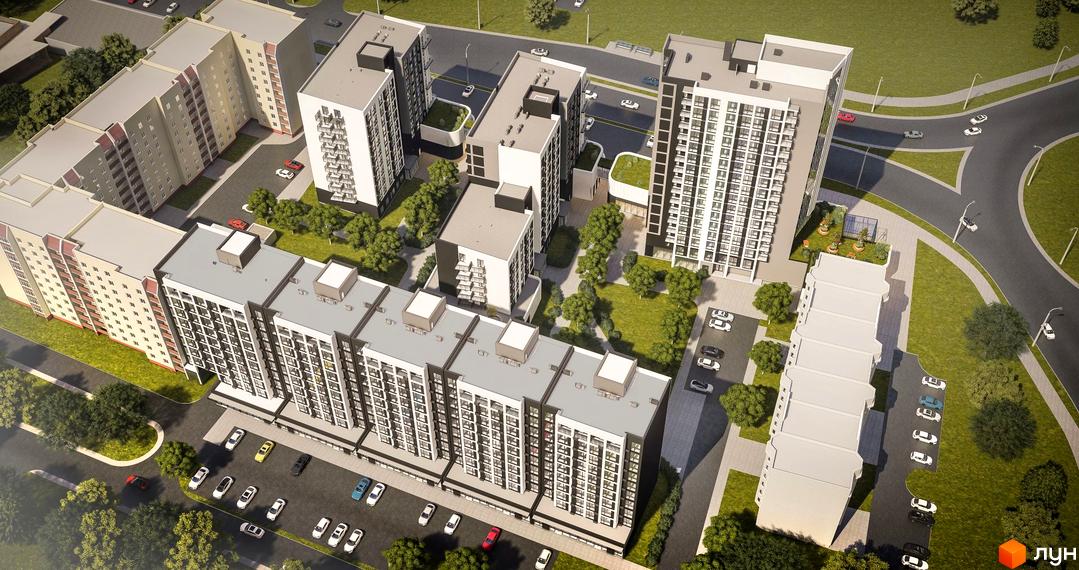 Зовнішній вигляд житлового комплексу Масани Сіті з численними будинками різної висоти та прибудинковою територією з зеленими зонами та парковкою.