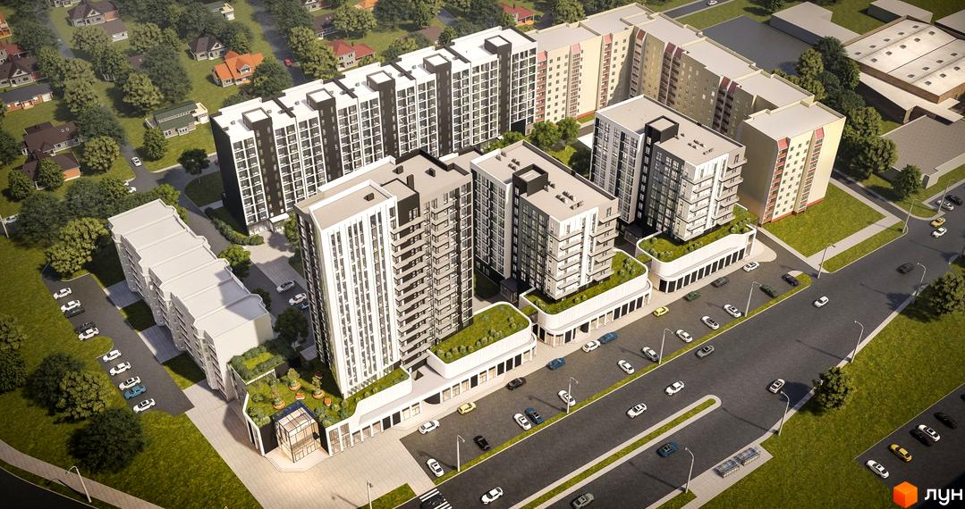 Новобудова ЖК Масани Сіті з багатоповерховими будинками та зеленою прибудинковою територією. На зображенні видно фасади будівель, вікна, балкони та парковку.