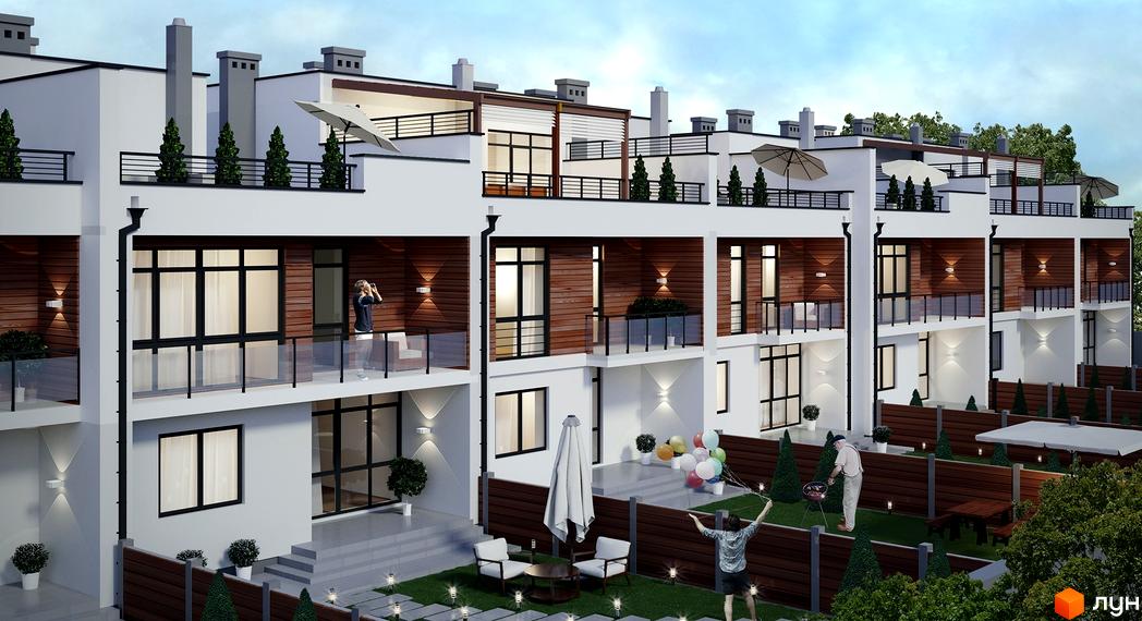 Таунхаус Авторський: фасади з дерев'яними елементами, скляними балконами та терасами. Прибудинкова територія з зонами відпочинку та барбекю.