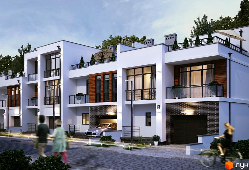 Таунхаус „Авторський“: триповерхові будинки з великими вікнами та терасами, перед якими розташована доглянута прибудинкова територія з освітленням.