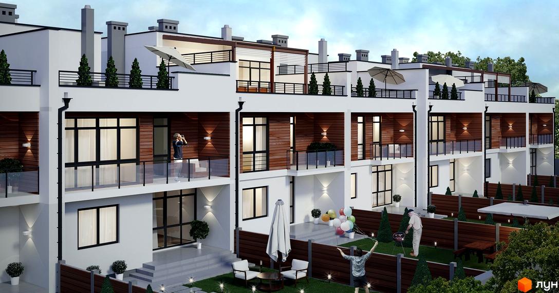 Таунхаус Авторський: фасади білих будинків з дерев'яними елементами, балконами та терасами. Прибудинкова територія з газоном, парканом та місцями для відпочинку.