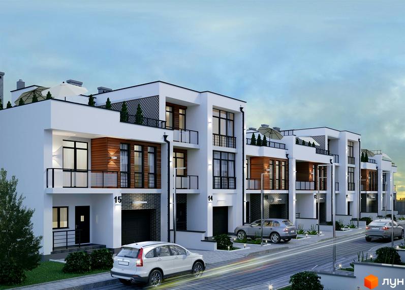 Зовнішній вигляд таунхаусів Авторський з гаражами та паркомісцями, перед будинками розташована доглянута прибудинкова територія з газоном та деревами.