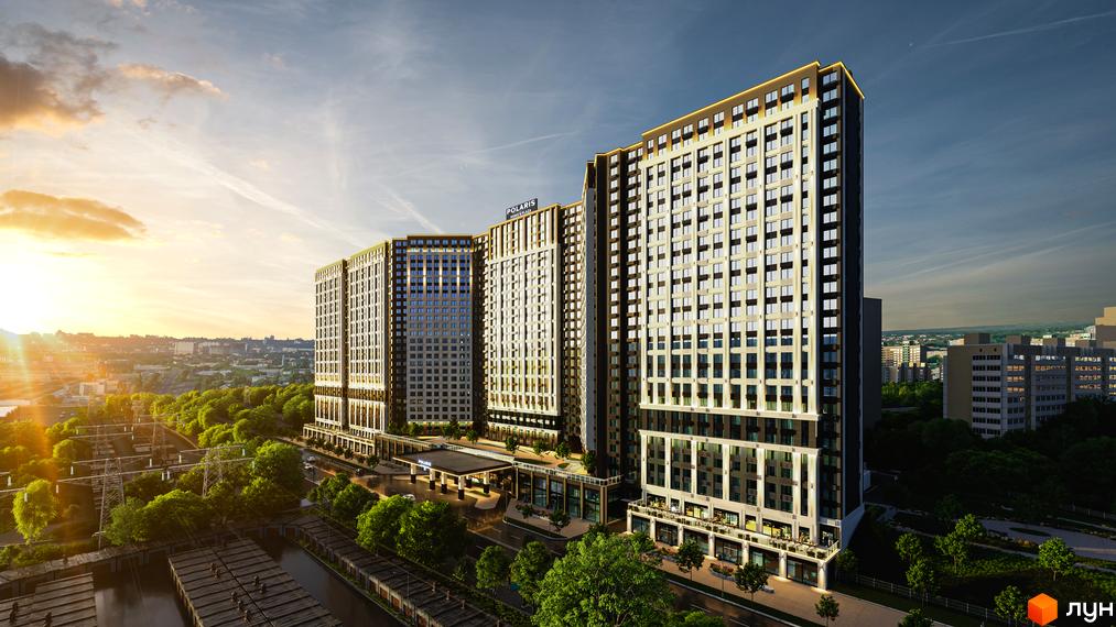 Зображення фасаду та прибудинкової території Житлового комплексу POLARIS Home&Plaza. Вигляд на багатоповерховий будинок ззовні.