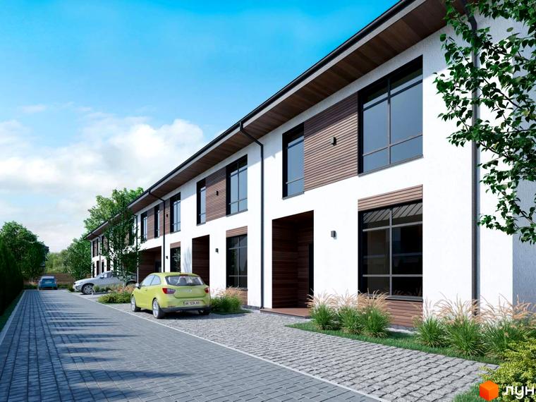 Таунхаус Blestown з білим фасадом, дерев'яними вставками та великими вікнами, розташований на вимощеній бруківкою доріжці з автомобілями та зеленню.