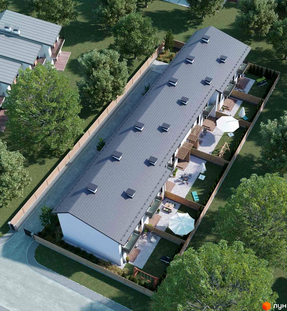 Таунхаус Blestown з сірим дахом та індивідуальними подвір'ями з зеленими зонами та місцями для відпочинку.