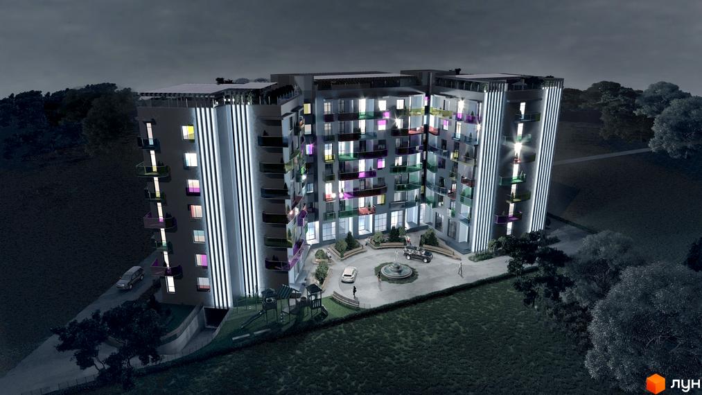 Житловий комплекс Калейдоскоп – це багатоповерхова будівля з яскравими балконами та вертикальним освітленням, розташована біля зеленої зони з дитячим майданчиком та фонтаном.