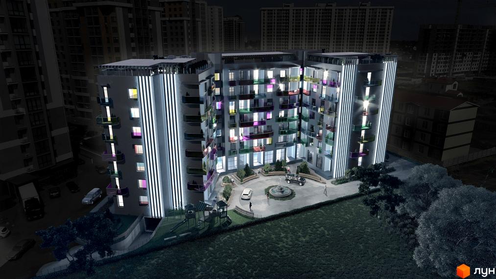 Житловий комплекс Калейдоскоп. Зовнішній вигляд будинку з підсвіткою та кольоровими балконами, прибудинкова територія з фонтаном та дитячим майданчиком.