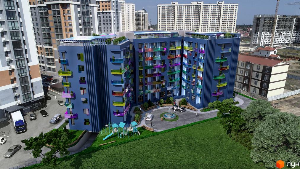 Житловий комплекс Калейдоскоп з яскравими балконами та дитячим майданчиком. Навколо будинку зелена зона та парковка з автомобілями.