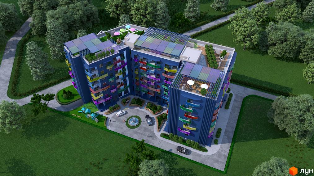 Житловий комплекс Калейдоскоп - яскрава архітектура з різнокольоровими балконами та доглянутою прибудинковою територією з дитячим майданчиком.