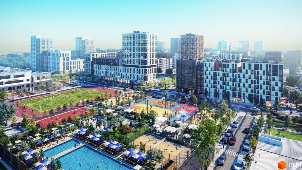 Вигляд житлового комплексу Файна Таун з висоти пташиного польоту. На території є спортивні майданчики, басейн та багато зелені.