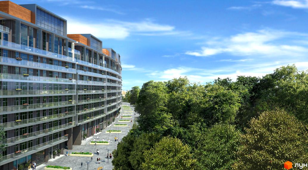Житловий комплекс Crystal Park з сучасними балконами та зеленими насадженнями на прибудинковій території.