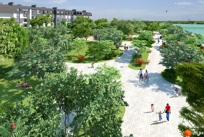 Вид на житловий комплекс Озерки з прибудинковою територією, де розташовані зелені насадження та пішохідні доріжки.