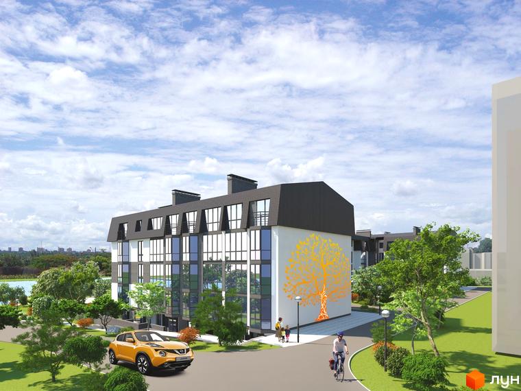 Житловий комплекс Озерки з сучасною архітектурою та прибудинковою територією, озелененою деревами та доріжками.