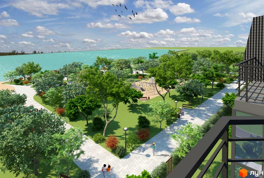 Вид на житловий комплекс Озерки з прибудинковою територією, зеленими насадженнями та дитячим майданчиком.